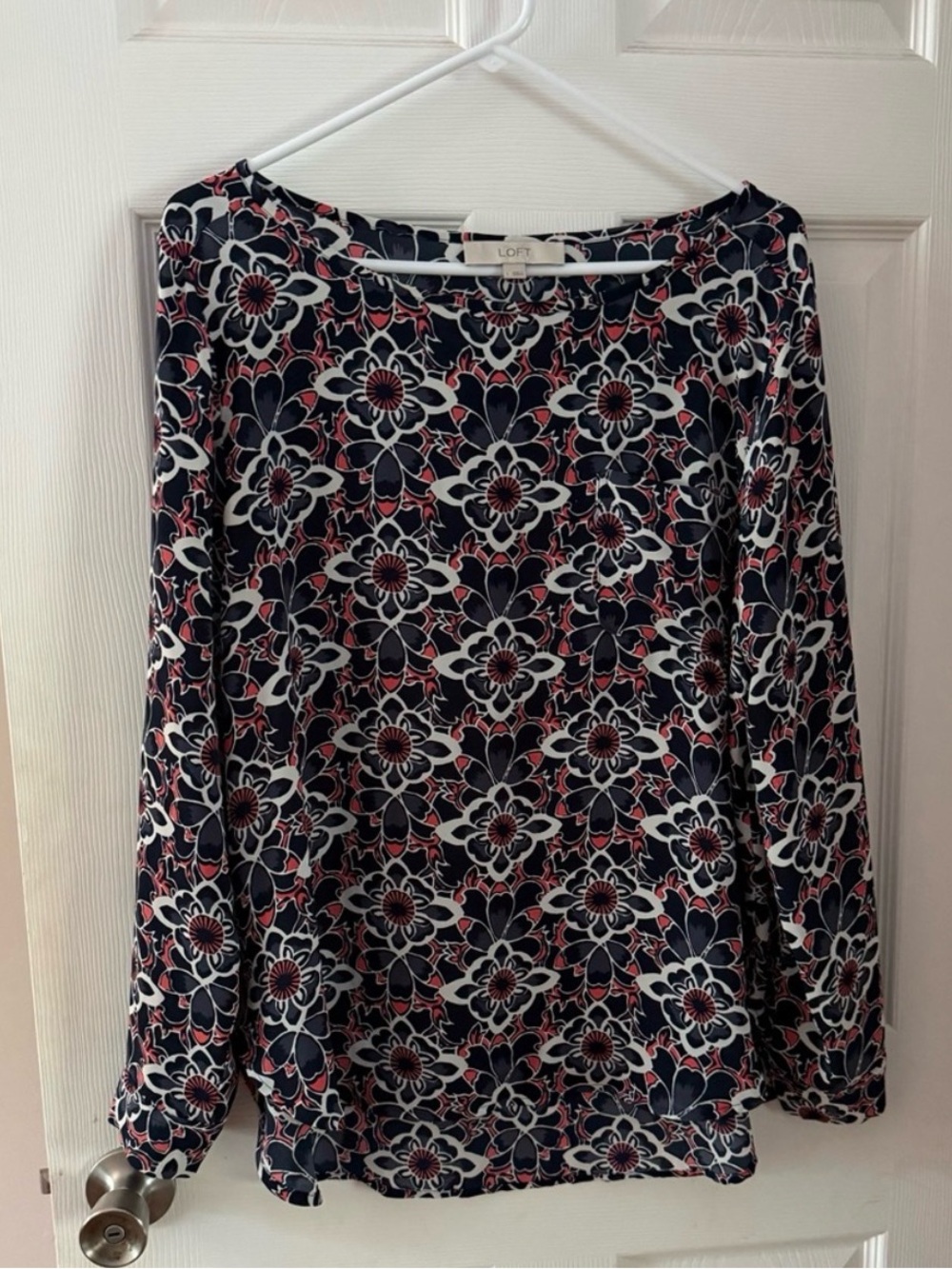 LOFT Floral Print Long-Sleeve Blouse in Navy and Pink